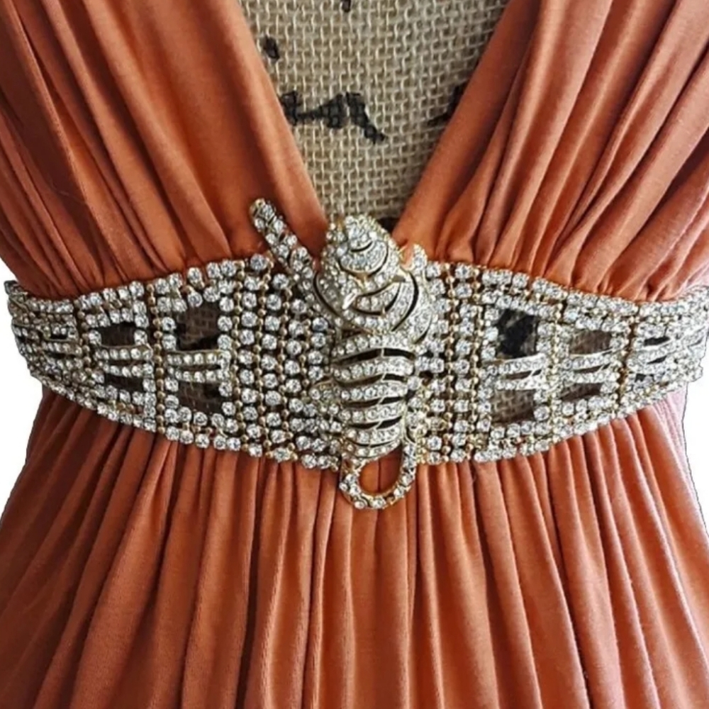 SKY BRAND WOMEN'S ORANGE HALTER LONG MAXI DRESS JEWELED TIGER RHINESTONES SZ S - Picture 4 of 13